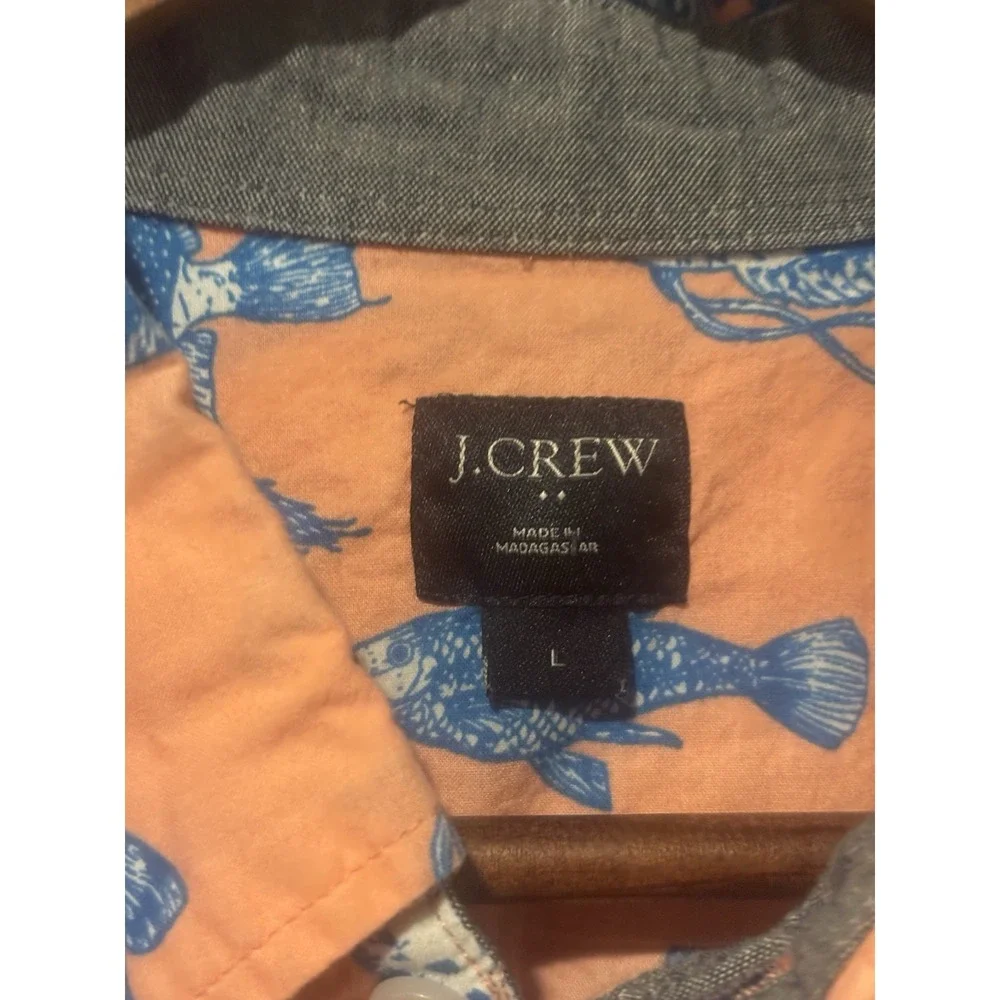 J.Crew Fish Short Sleeve Button‎ Shirt Mens Cotton Coral Orange Tropical Size Lg